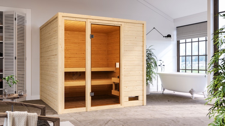 Karibu Woodfeeling Sauna Jutta - 38 mm Massivholz Aktionssauna inkl. gratis Saunaofen im Wert von 599,99 €