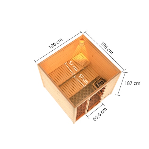 Karibu Woodfeeling Sauna Jutta - 38 mm Massivholz Aktionssauna inkl. gratis Saunaofen im Wert von 599,99 €
