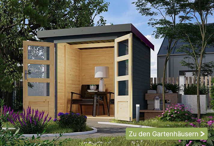 Entdecken Sie das Metall-Holzgartenhaus von Karibu – ein einzigartiges Hybrid-Gartenhaus! Sliderbild