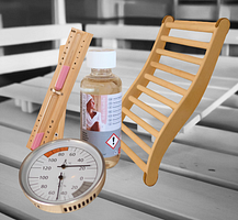Karibu Zubehör Aktionsset bestehend aus 1x ergonomische Rückenlehne, 1x Klimamesser Classic, 1x Sanduhr, 1x 250ml Saunaduft (Kokos-Vanille)
