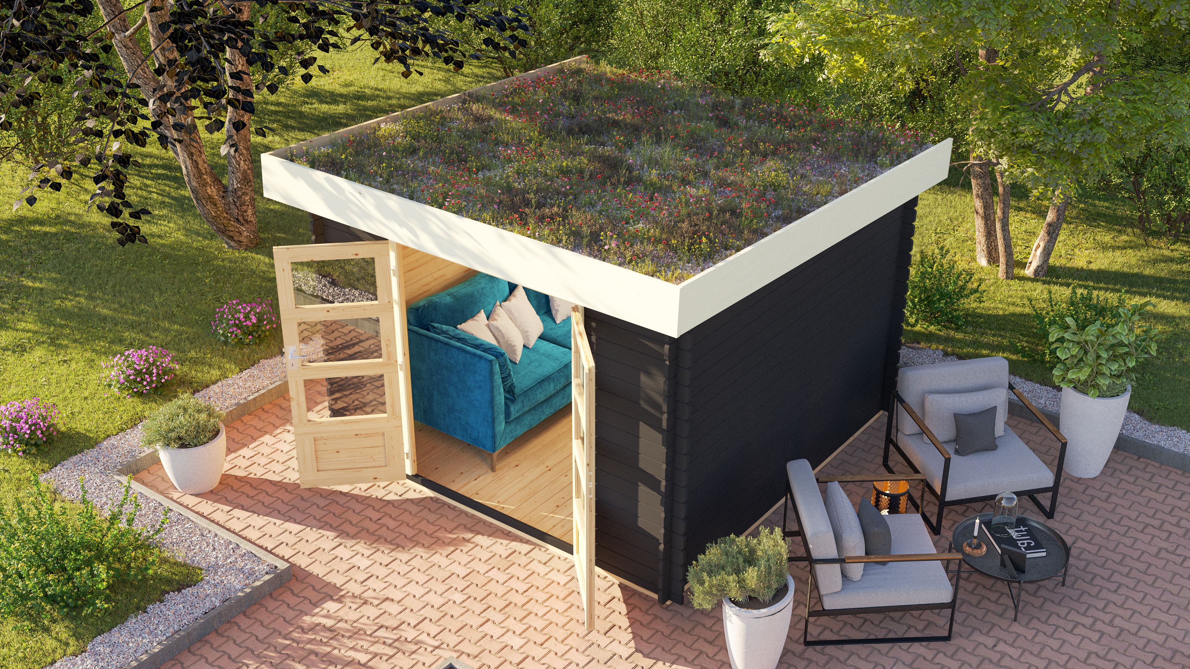 Karibu Gartenhaus Blockbohlenhaus Flora 5 - inkl. Dachbegrünungsmaterial