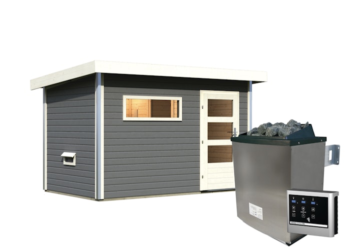Karibu Gartensauna Pultdach Saunahaus Skrollan 1 mit Vorraum terragrau inkl. gratis Saunaofen im Wert von 599,99 €