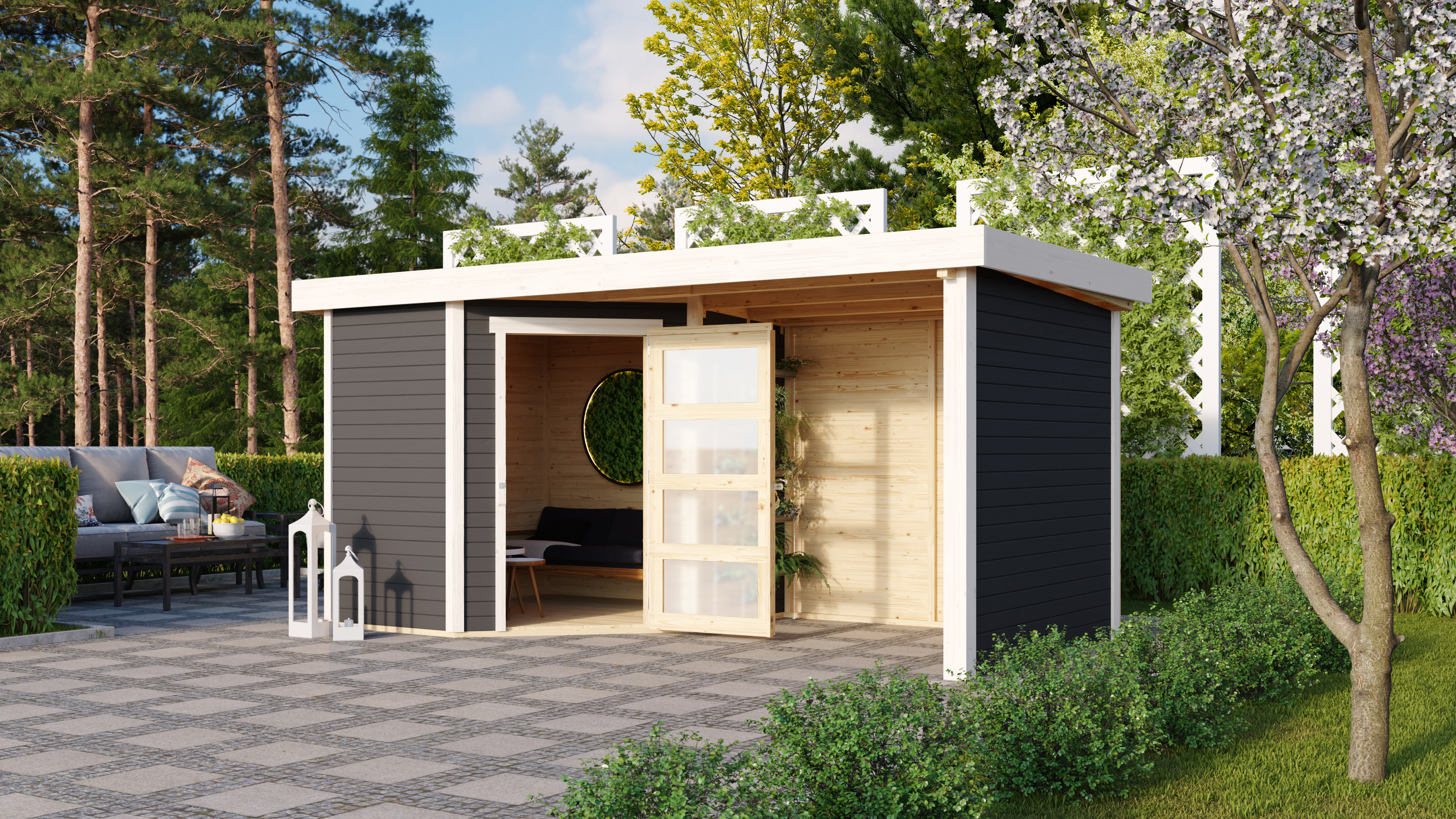 Karibu Woodfeeling Gartenhaus Schwandorf 3/5 inkl. 225 cm Schleppdach//Seiten- und Rückwand inkl. gratis LED-Strahler/Solarpaneel