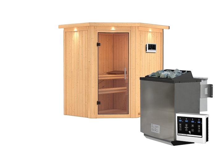 Karibu Sauna Taurin mit Eckeinstieg 68 mm inkl. gratis Saunaofen im Wert von 599,99 €