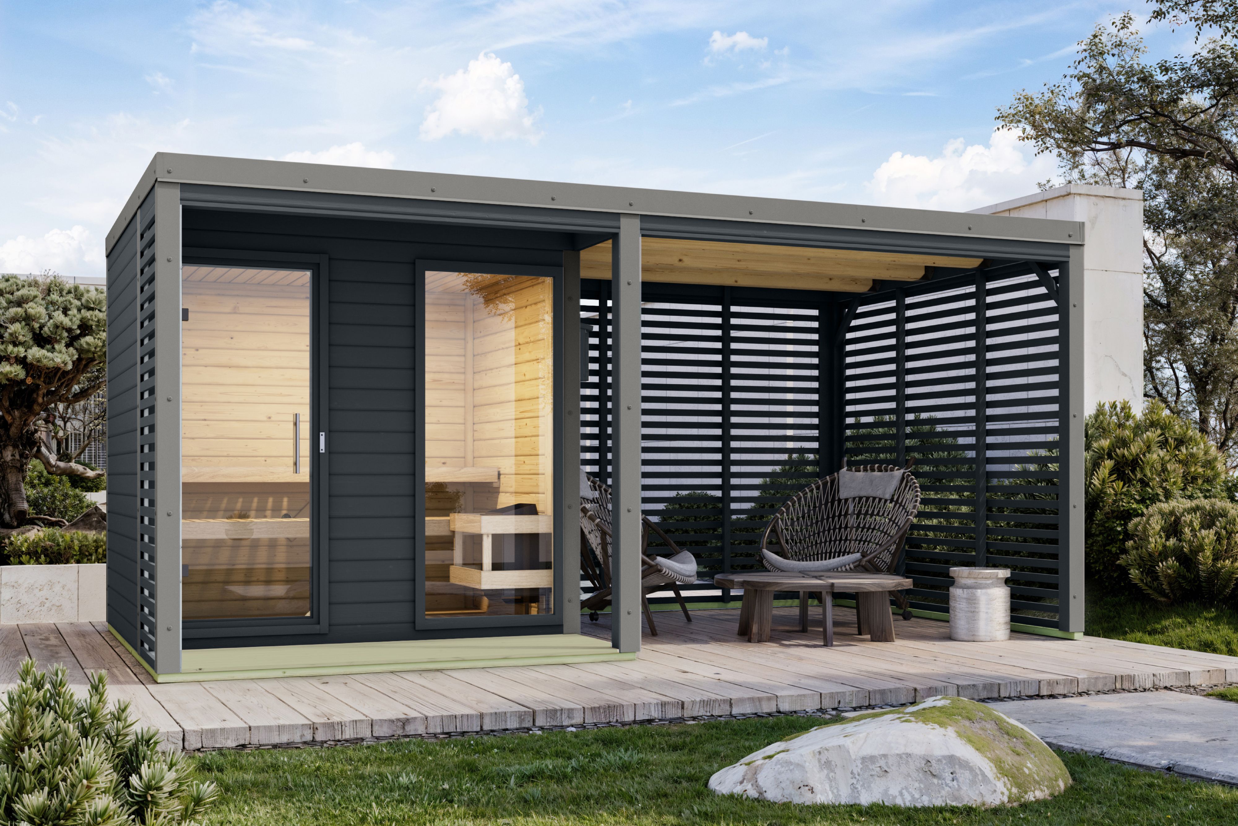 Karibu Saunahaus Ares 2 - Hybridhaus mit Metallrahmen - 38 mm inkl. gratis 9 kW Bio-Saunaofen im Wert von 879,99 €