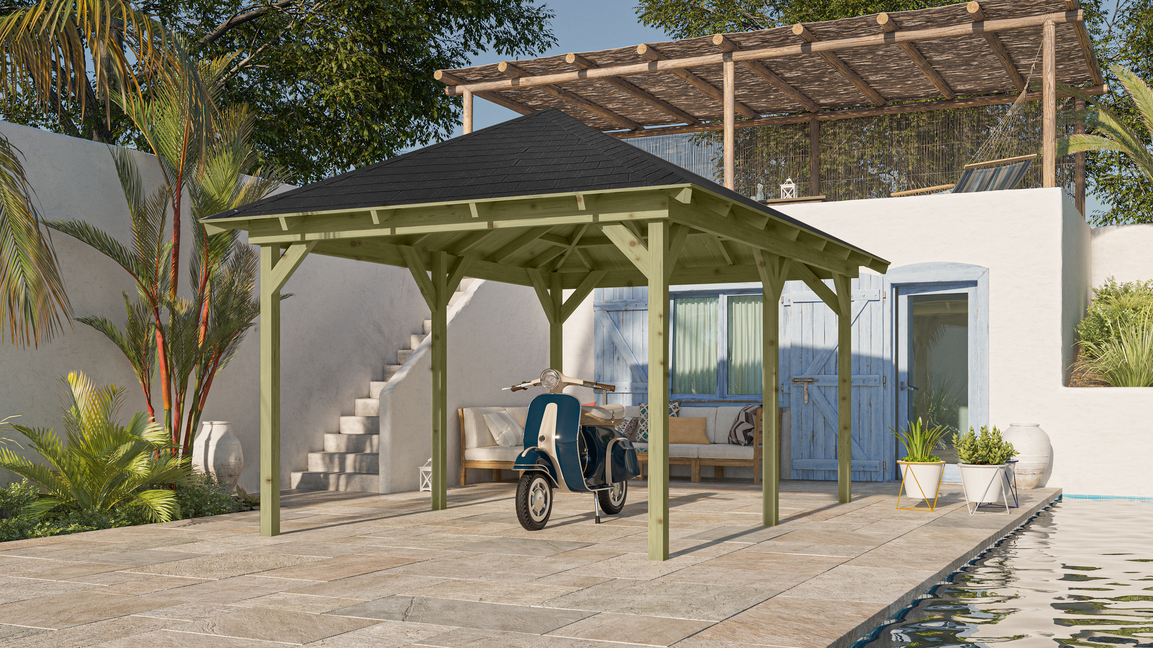 Karibu 4-Eck Pavillon Perida kesseldruckimprägniert Sparset inkl. Dachschindeln