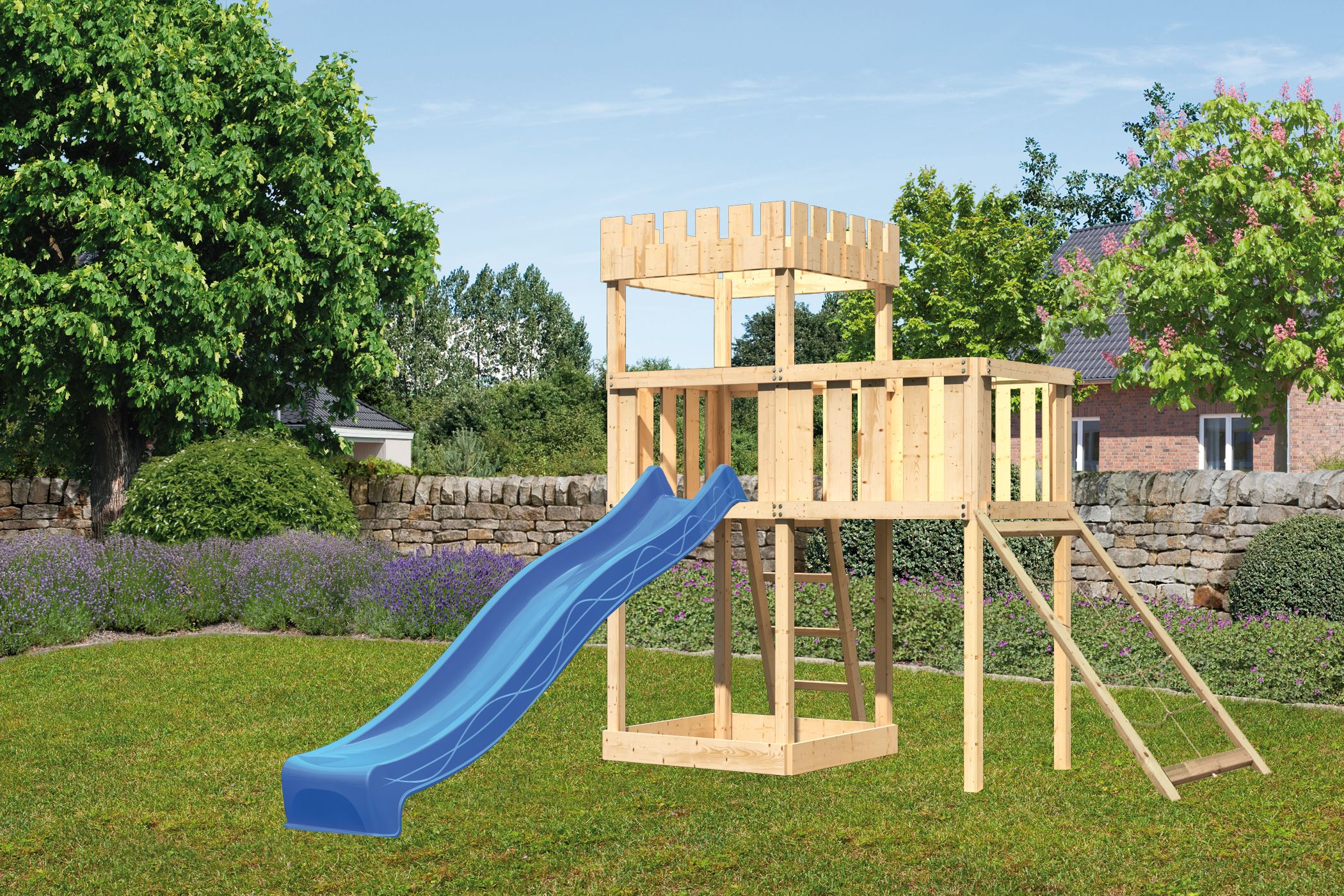 Akubi Kinderspielturm Ritterburg Löwenherz inkl. Wellenrutsche, Anbauplattform und Netzrampe