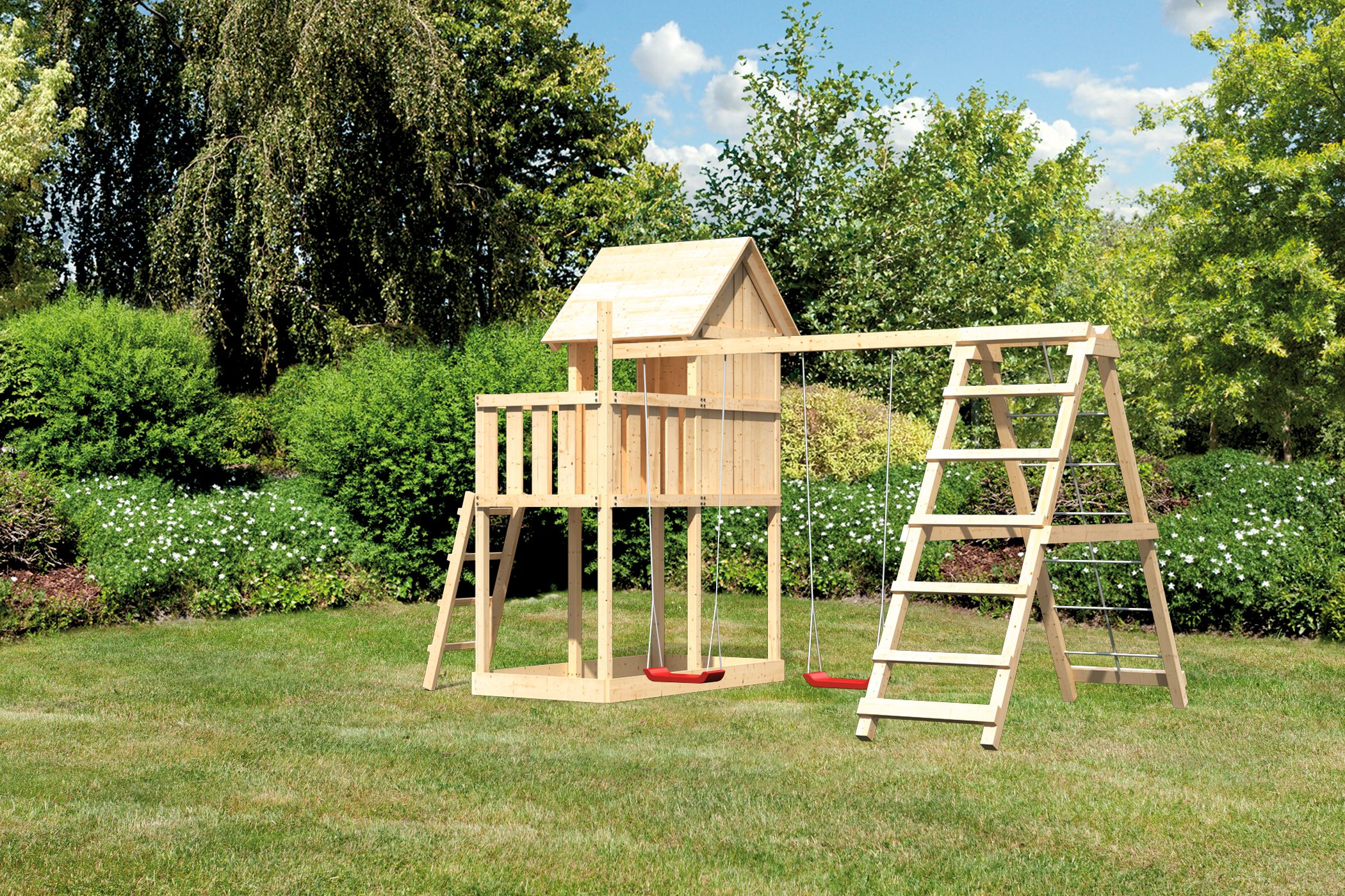 Akubi Stelzenhaus Frieda mit Doppelschaukelanbau und Klettergerüst inkl. gratis Akubi Farbsystem