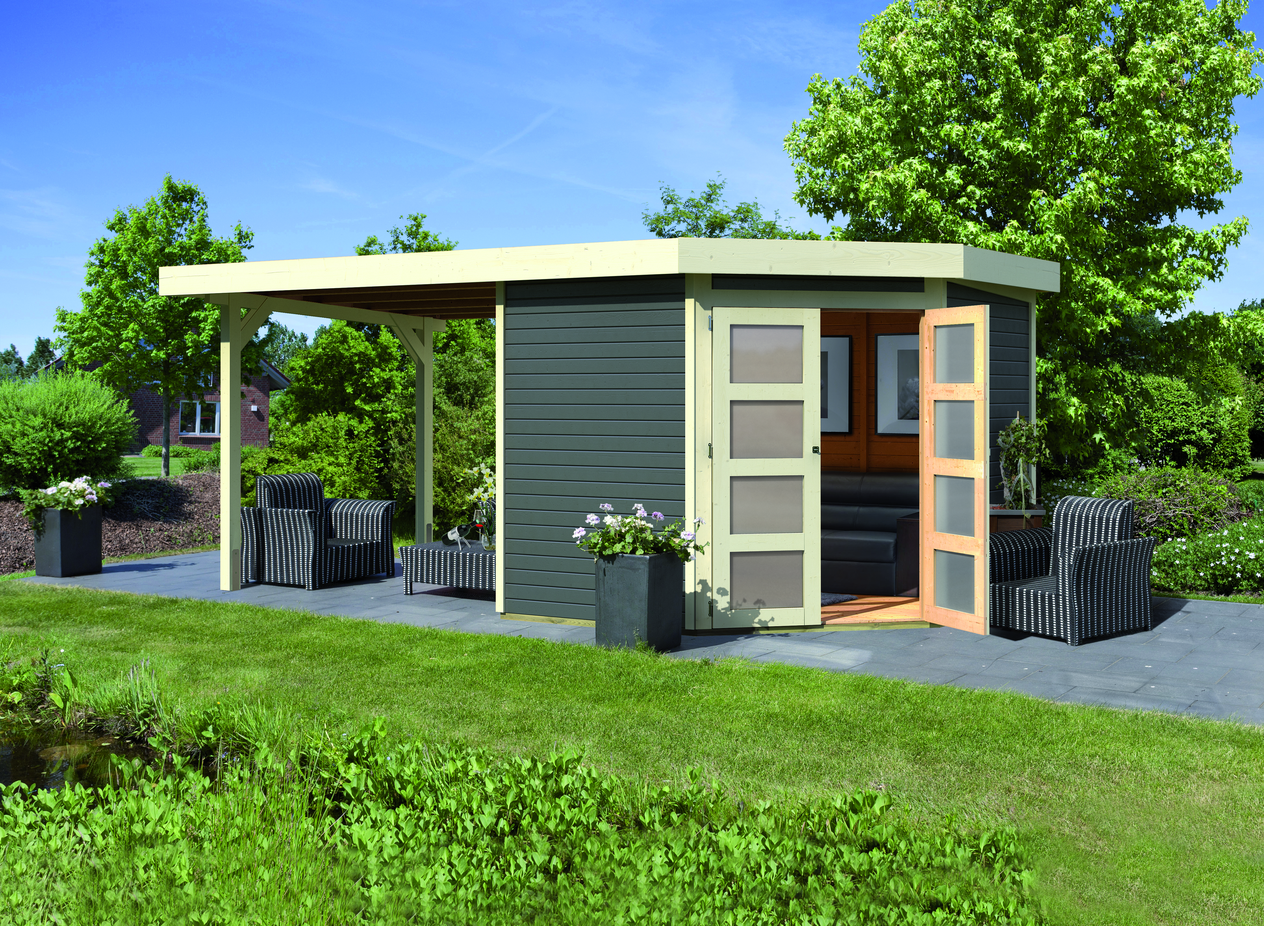 Karibu Gartenhaus Gerätehaus Goldendorf 3/5 mit 240 cm Schleppdach - 19 mm