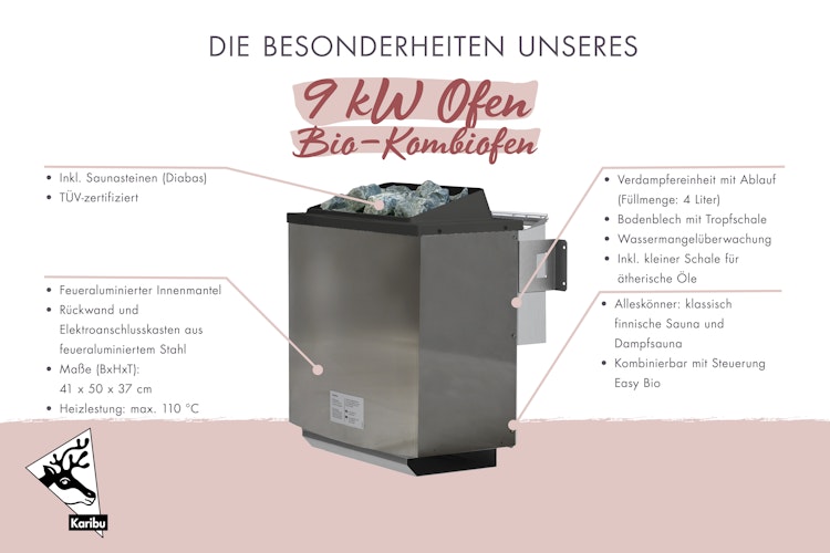 Karibu 9 kW Bio-Kombiofen Saunaofen anthrazit für externe Steuerung