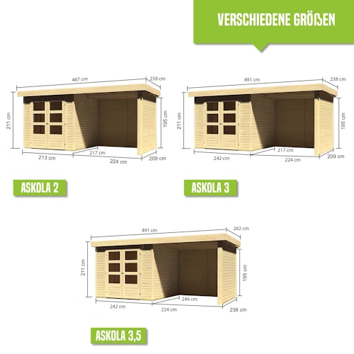 Karibu Woodfeeling Gartenhaus Askola 2/3/3,5/4/5 m. 240 cm Schleppdach/Seiten- und Rückwand