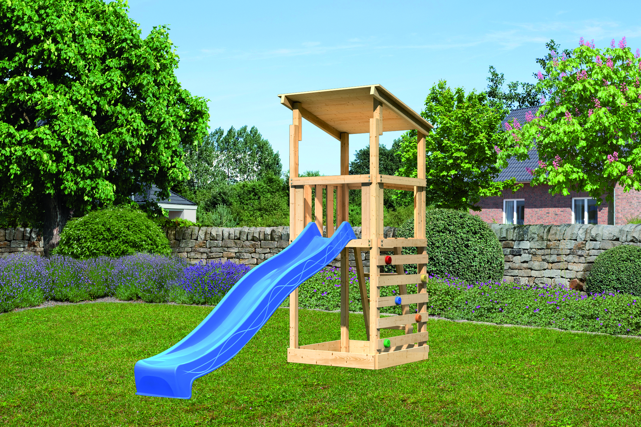 Akubi Kinderspielturm Anna mit Pultdach inkl. Wellenrutsche und Kletterwand