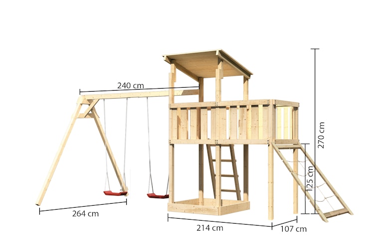 Akubi Kinderspielturm Anna mit Pultdach inkl. Doppelschaukel, Anbauplattform und Netzrampe