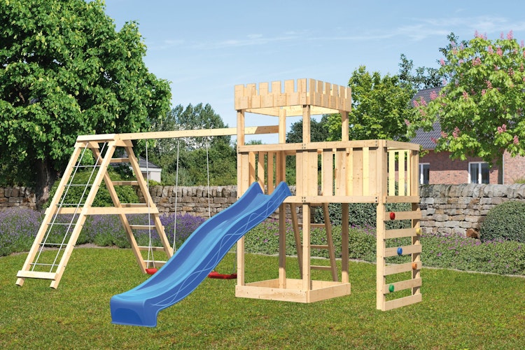 Akubi Kinderspielturm Ritterburg Löwenherz inkl. Wellenrutsche, Kletterwand, Anbauplattform, Doppelschaukelanbau und Klettergerüst