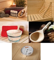 Karibu 10-teiliges Zubehör Aktionsset bestehend aus 1 Schöpfkelle, 1 Klimamesser, 2 Rückenlehnen, 5 ätherischen Ölen, 1 Aufgusskübel