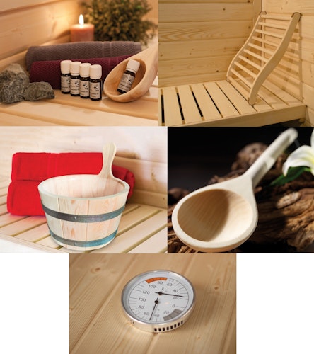 Karibu 10-teiliges Zubehör Aktionsset bestehend aus 1 Schöpfkelle, 1 Klimamesser, 2 Rückenlehnen, 5 ätherischen Ölen, 1 Aufgusskübel