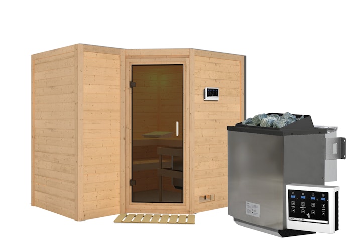 Karibu Sauna Sahib 2-Massivholzsauna 38 mm -Eckeinstieg - Exklusivoptik