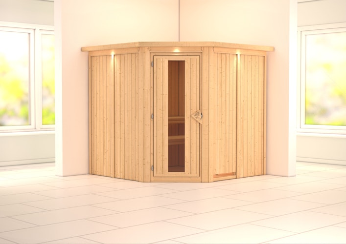 Karibu Sauna Jarin mit Eckeinstieg 68 mm inkl. 9-teiligem Gratis-Zubehörpaket im Wert von 137,95 €