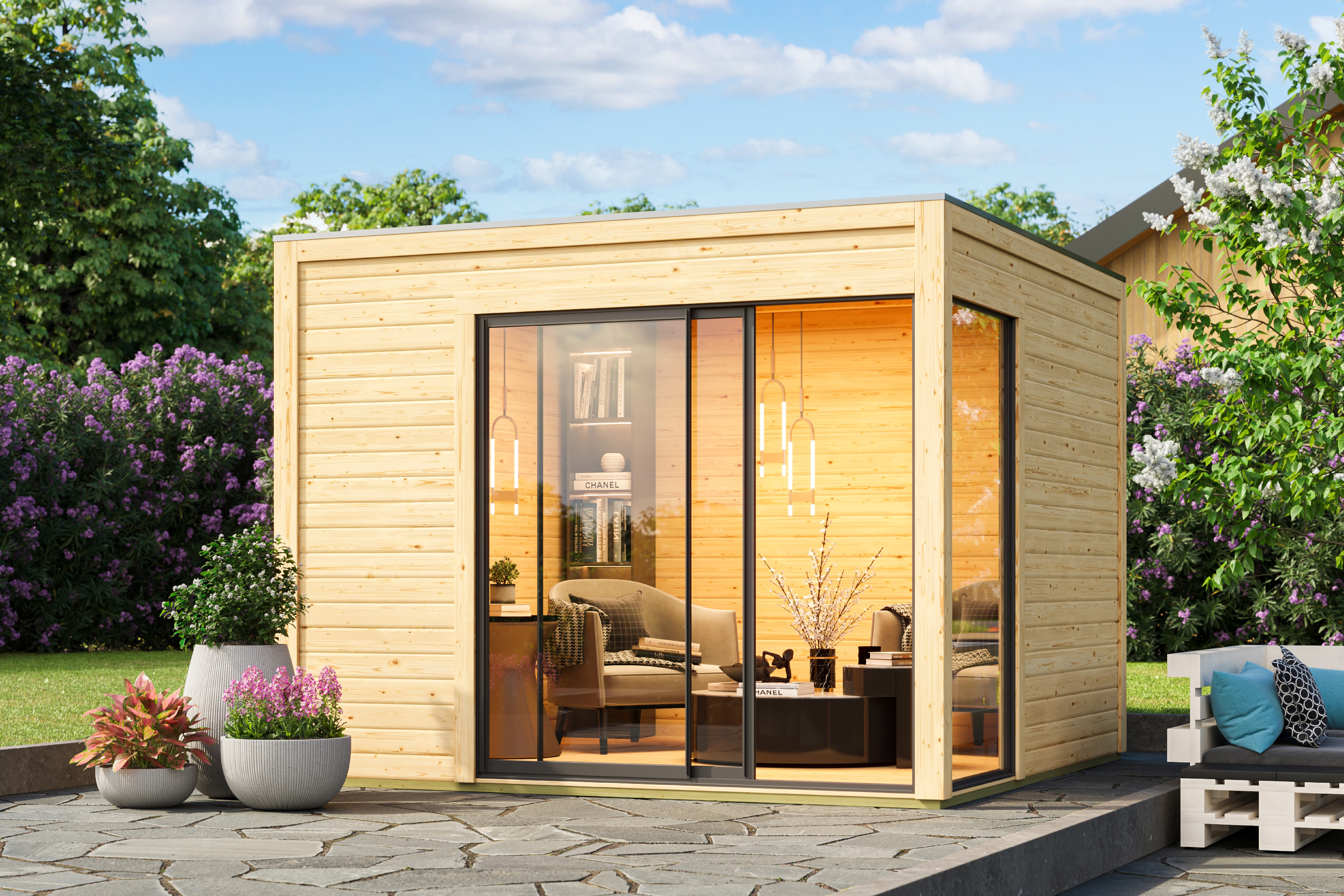 Karibu Design Gartenhaus Dice 1 mit Aluminium Schiebetür - 38 mm (Homeoffice-Gartenhaus)