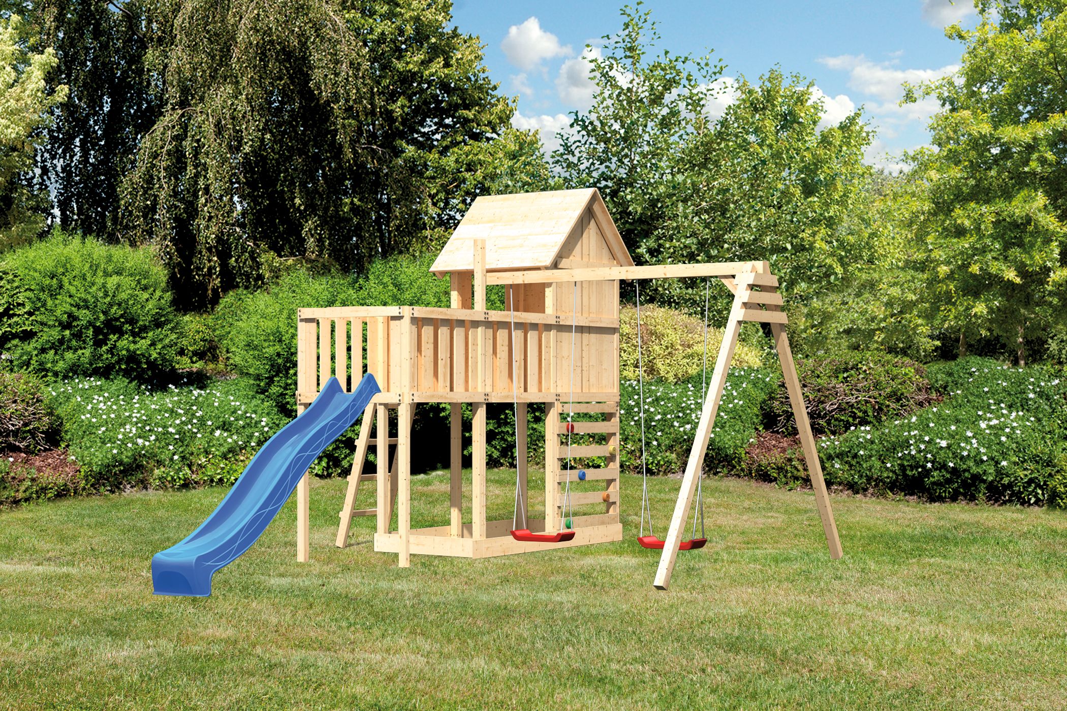 Akubi Stelzenhaus Frieda mit Wellenrutsche, Doppelschaukelanbau, Anbauplattform und Kletterwand