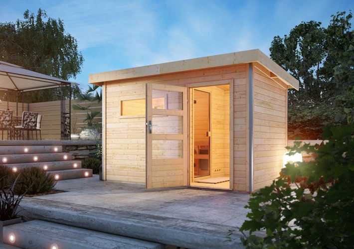 Karibu Gartensauna Pultdach Saunahaus Skrollan 1 mit Vorraum naturbelassen inkl. gratis Saunaofen im Wert von 599,99 €