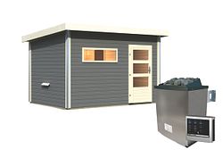 Karibu Saunahaus Skrollan 3 mit Vorraum terragrau Moderne Saunatür (Klarglas) 11 kW Ofen inkl. Steuergerät