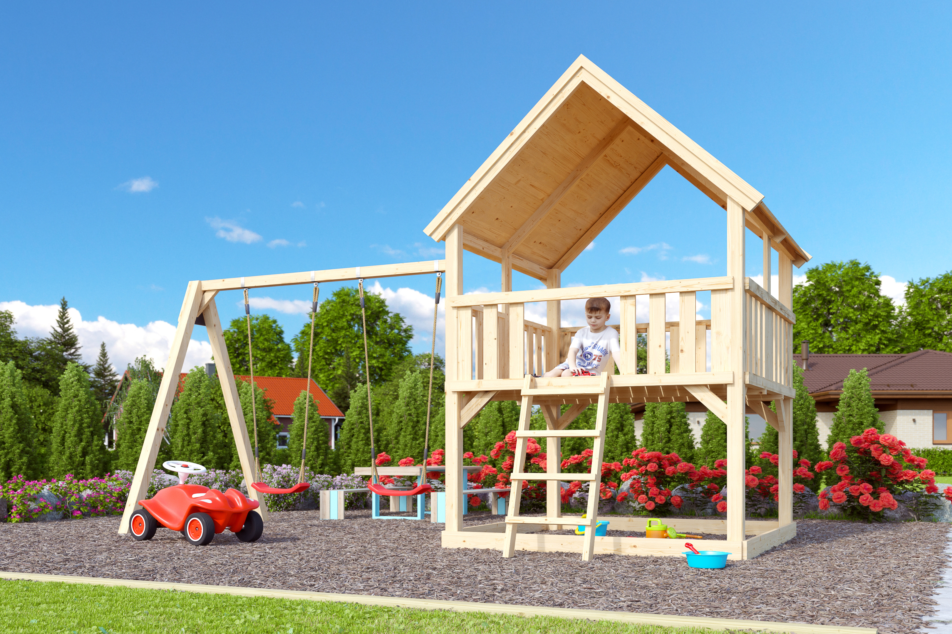 Akubi Kinderspielturm Luis mit Doppelschaukelanbau inkl. gratis Akubi Farbsystem