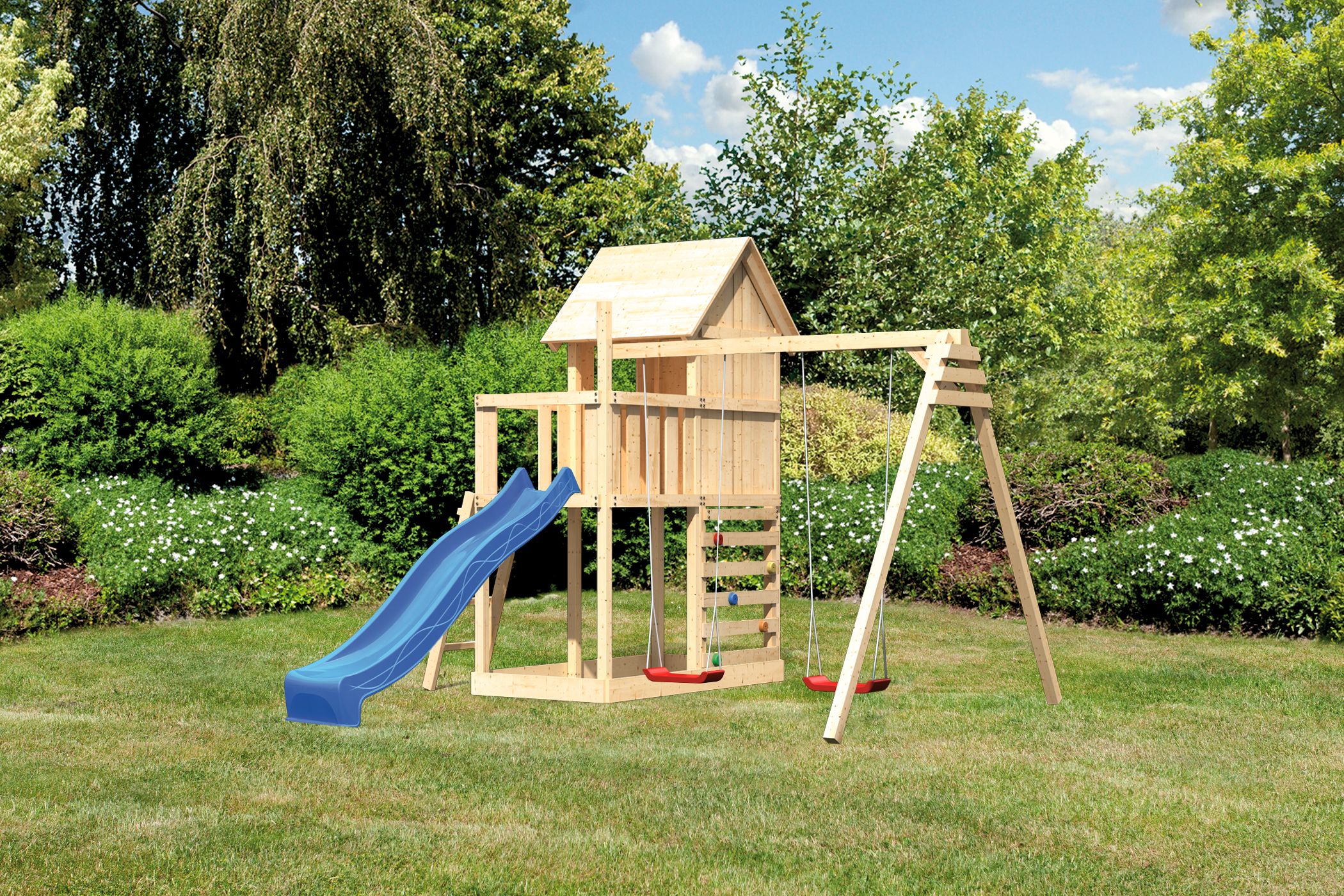 Akubi Stelzenhaus Frieda mit Wellenrutsche, Doppelschaukelanbau und Kletterwand inkl. gratis Akubi Farbsystem