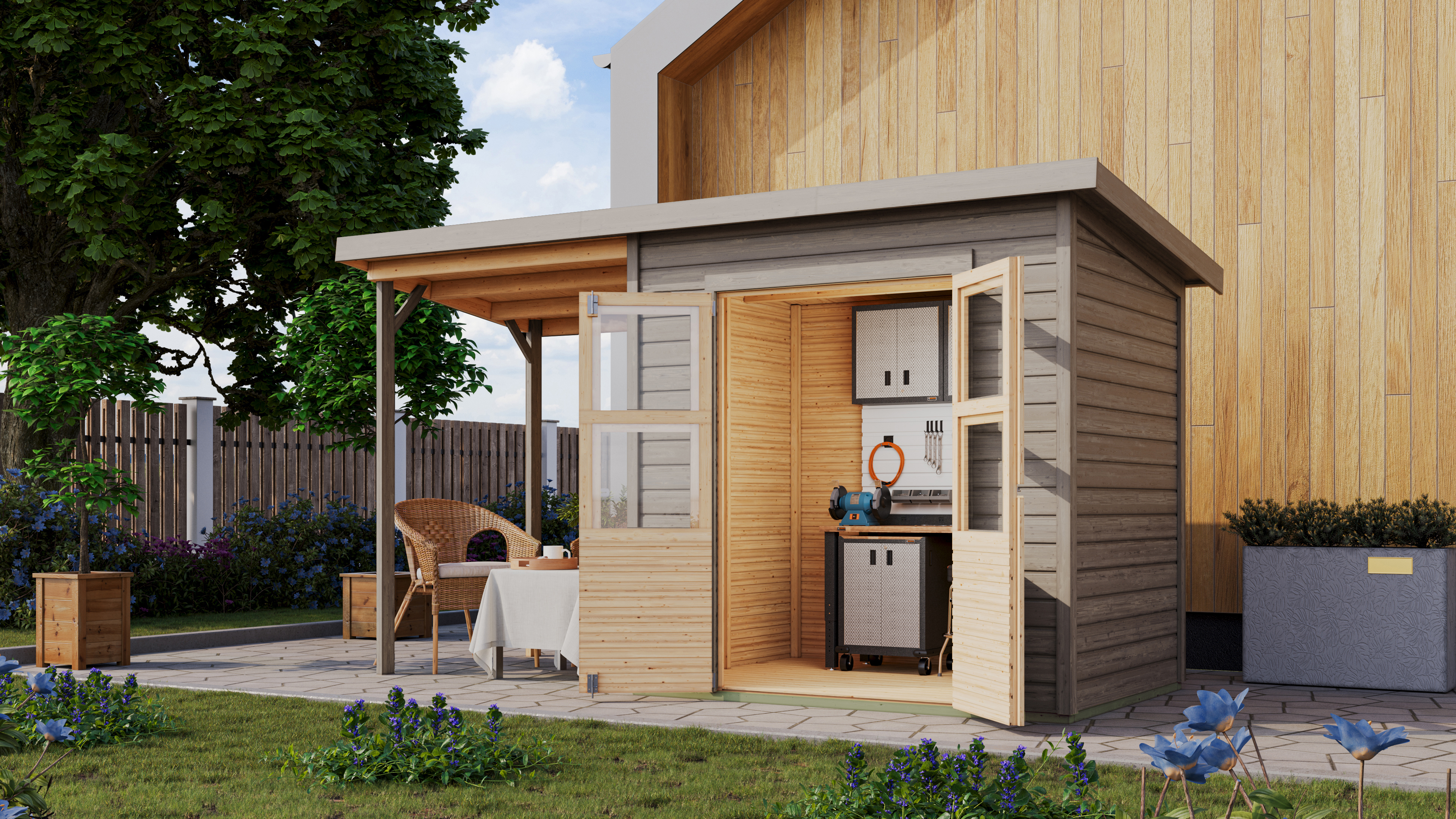 Karibu Eco Gartenhaus Merseburg 2 inkl. Anbaudach - Sparset inkl. gratis Fenster im Wert von bis zu 59,99 €