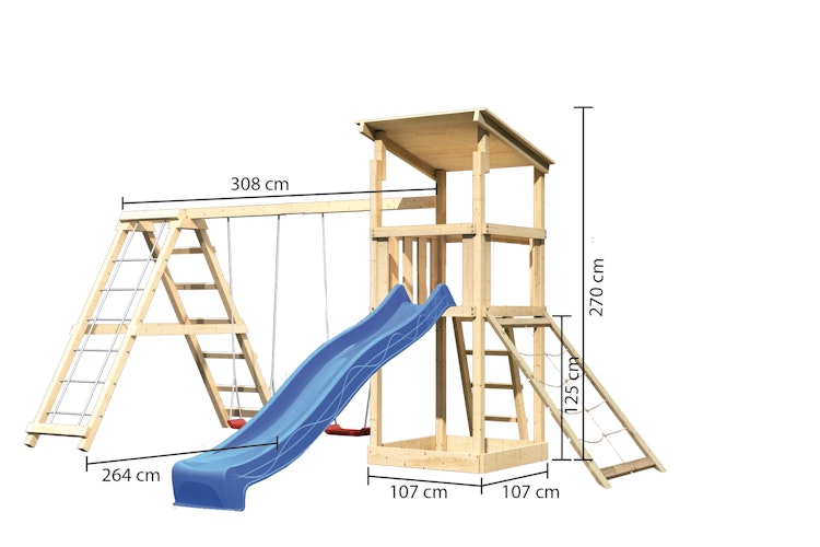 Akubi Kinderspielturm Anna mit Pultdach inkl. Wellenrutsche, Netzrampe, Doppelschaukel und Klettergerüst