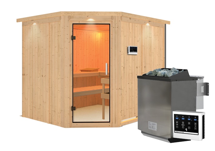 Karibu Sauna Malin mit Eckeinstieg 68 mm inkl. gratis Saunaofen im Wert von 599,99 €