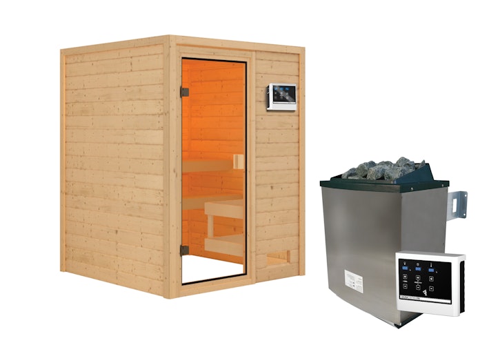 Karibu Woodfeeling Sauna Sandra - 38 mm Massivholz Aktionssauna inkl. gratis Saunaofen im Wert von 599,99 €