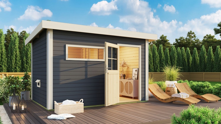 Karibu Saunahaus Skrollan 3 mit Vorraum terragrau (Rechteckfenster)