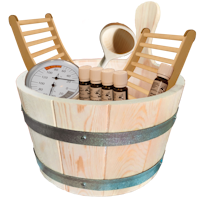 Karibu 10-teiliges Zubehör Aktionsset bestehend aus 1 Schöpfkelle, 1 Klimamesser, 2 Rückenlehnen, 5 ätherischen Ölen, 1 Aufgusskübel