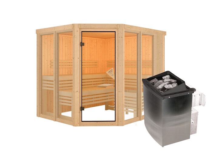 Karibu Sauna Ainur 3 Superior mit Eckeinstieg 68 mm inkl. gratis Saunaofen im Wert von 599,99 €