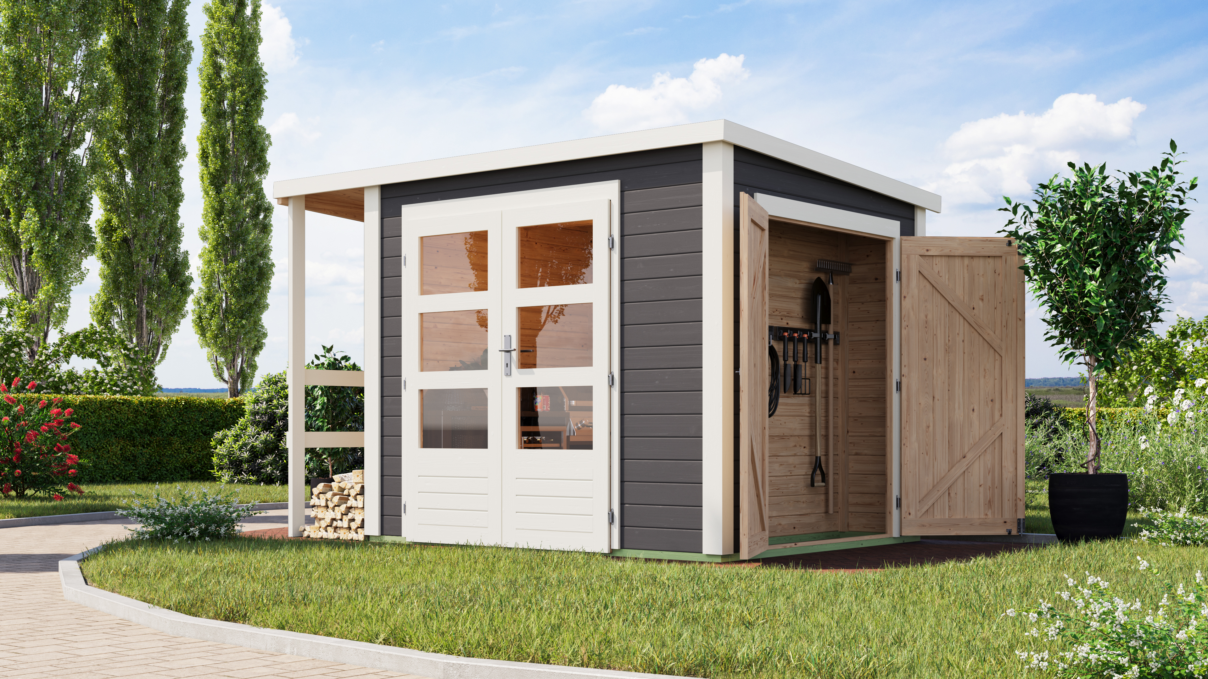 Karibu Multifunktionshaus Pultdach-Gartenhaus inkl. Schleppdach und Anbauschrank - 28 mm
