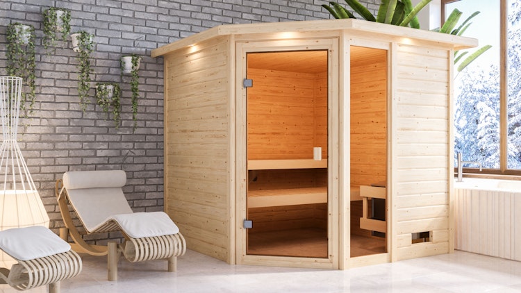 Karibu Woodfeeling Sauna Tabea - 38 mm Massivholz Aktionssauna inkl. gratis Saunaofen im Wert von 599,99 €