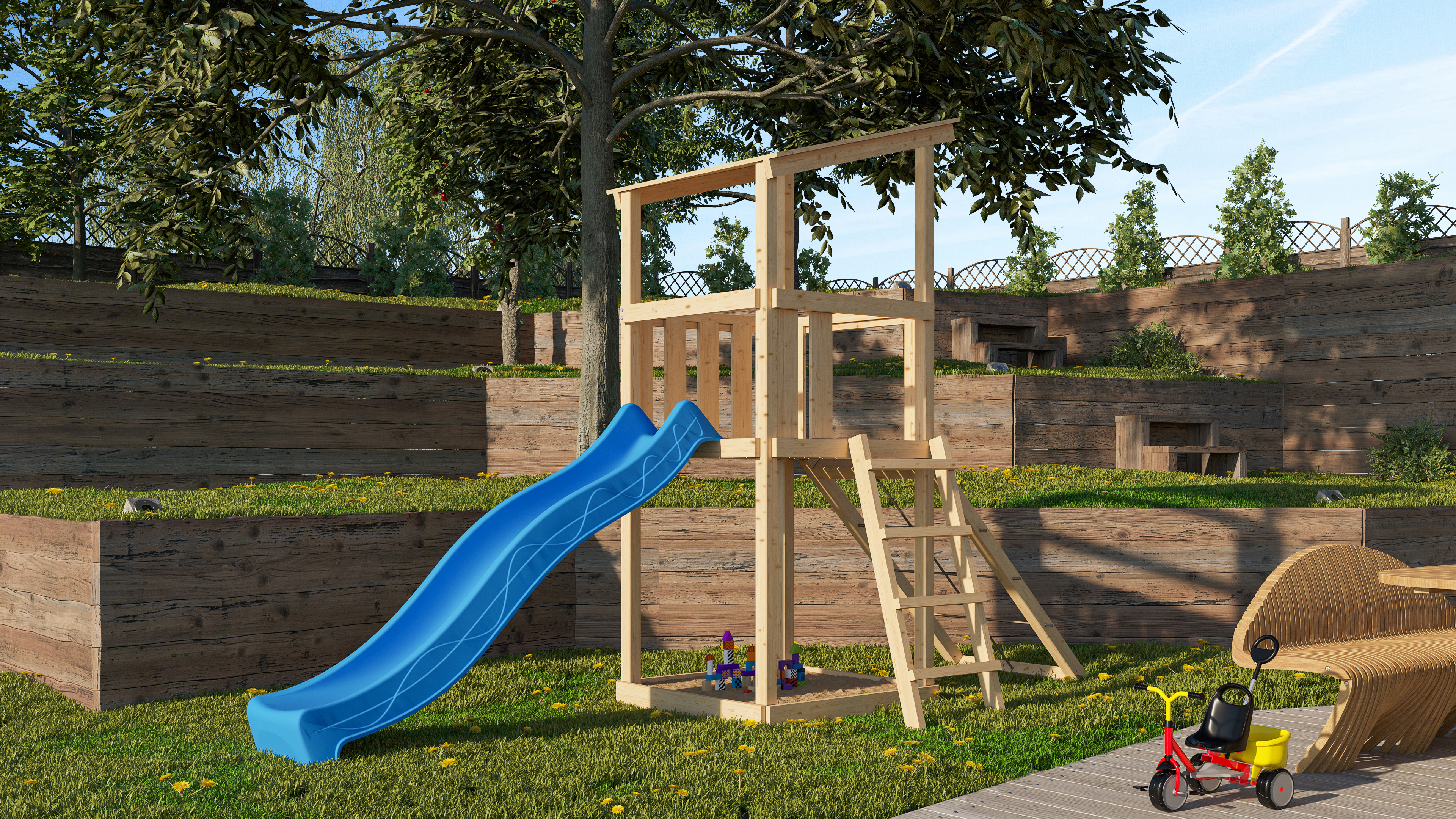 Akubi Kinderspielturm Anna mit Pultdach inkl. Wellenrutsche und Netzrampe