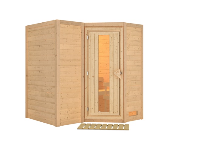 Karibu Sauna Sahib 1-Massivholzsauna 38 mm-Fronteinstieg -Exklusivoptik inkl. gratis Saunaofen im Wert von 599,99 €