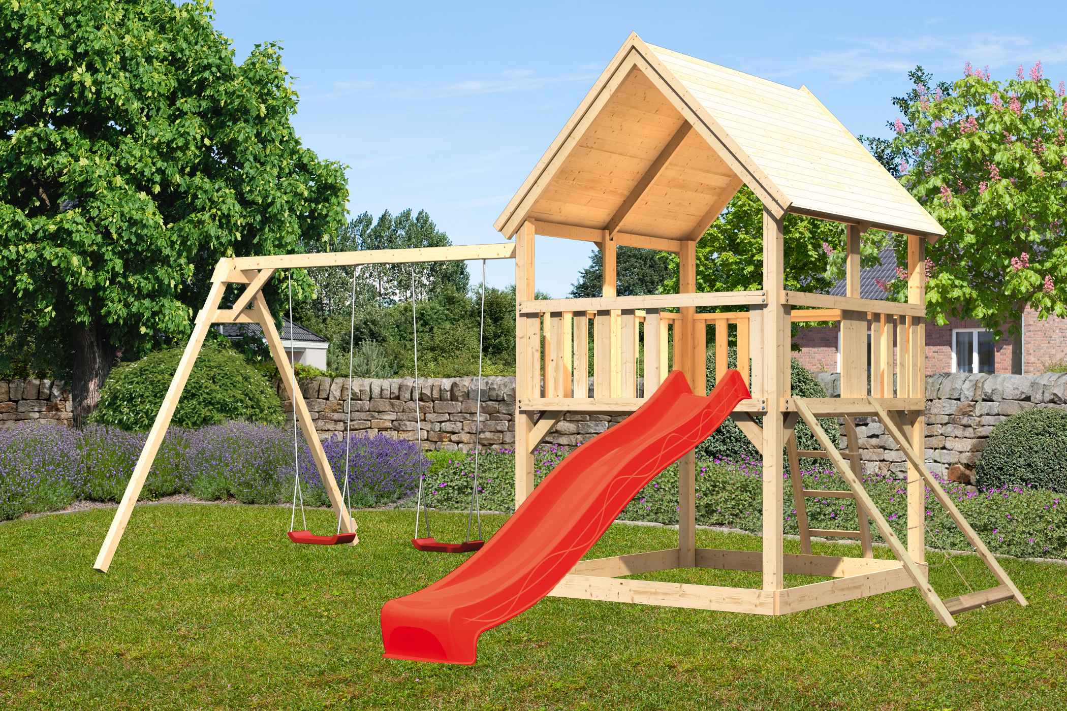 Akubi Kinderspielturm Luis mit Doppelschaukel, Netzrampe und Wellenrutsche