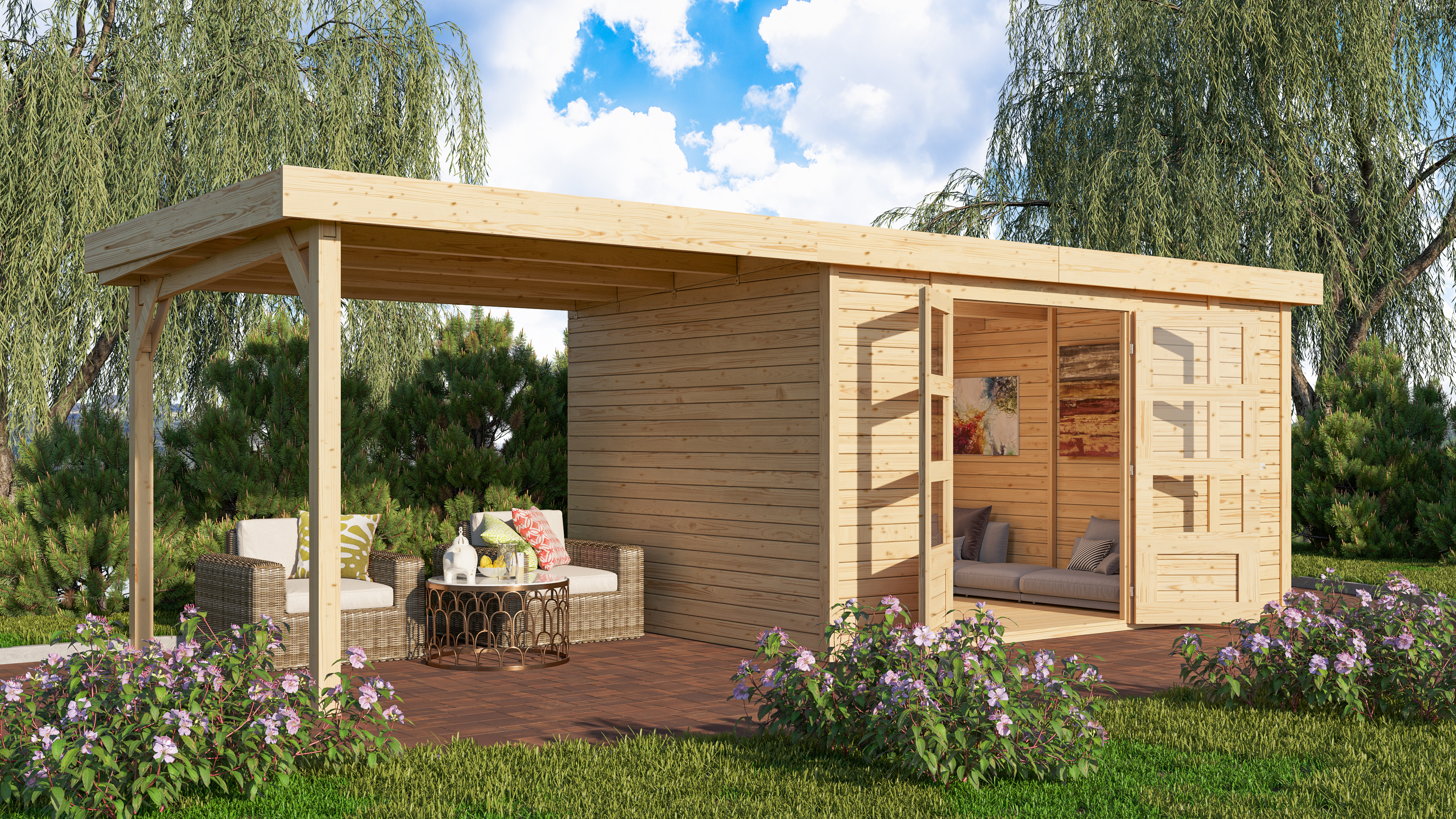 Karibu Woodfeeling Gartenhaus Retola 2/3/4/5/6 inkl. Anbauschrank u. 280 cm Schleppdach