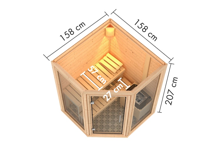 Karibu Sauna Yuma - Massivholzsauna mit Eckeinstieg 38 mm inkl. gratis Saunaofen im Wert von 599,99 €
