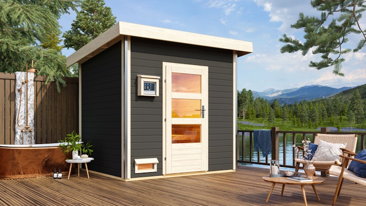 Karibu Gartensauna Pultdach Saunahaus Norge terragrau inkl. gratis Saunaofen im Wert von 599,99 €