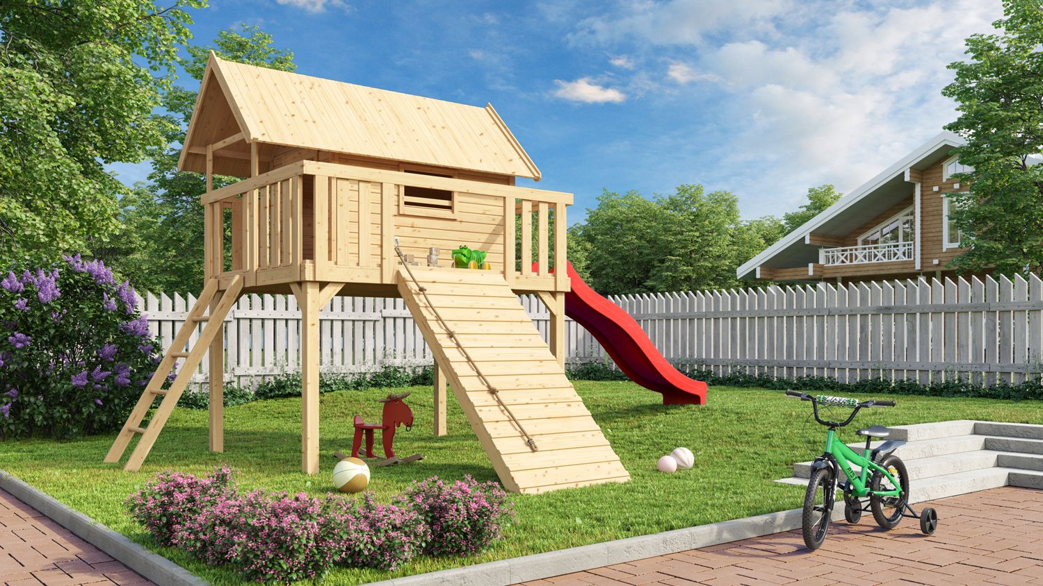 Akubi Stelzenhaus Fidel mit Satteldach inkl. Wellenrutsche und Holzrampe