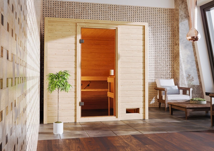 Karibu Woodfeeling Sauna Adelina - 38 mm Massivholz Aktionssauna inkl. gratis Saunaofen im Wert von 599,99 €