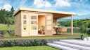 Karibu Premium Gartenhaus Kastorf 6/7 mit Fensterecke - inkl. 320 cm Anbaudach - 28 mm