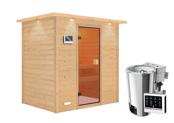 Karibu Woodfeeling Sauna Selena - 38 mm Massivholz Aktionssauna inkl. gratis Saunaofen im Wert von 599,99 €