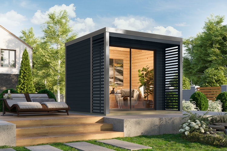 Karibu Design Gartenhaus Saturn A/B mit Aluminium Schiebetüre & Blechpaket - 38 mm