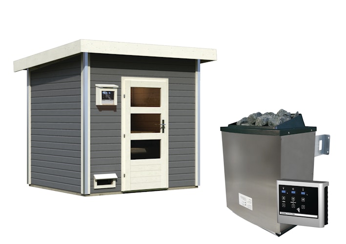 Karibu Gartensauna Pultdach Saunahaus Norge terragrau inkl. gratis Saunaofen im Wert von 599,99 €