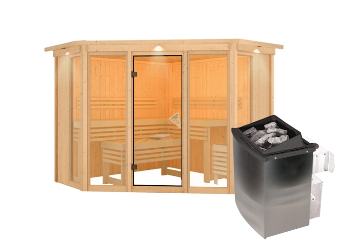 Karibu Sauna Alcinda 2 Superior mit Eckeinstieg 68 mm inkl. gratis Saunaofen im Wert von 599,99 €